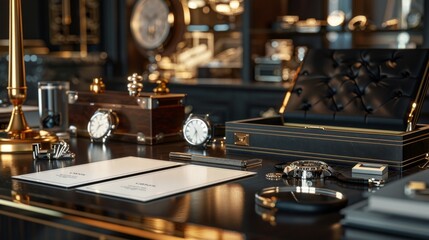 Timeless Elegance Luxury Watch Collector's Study with Business Cards Watch Winders and Timepieces