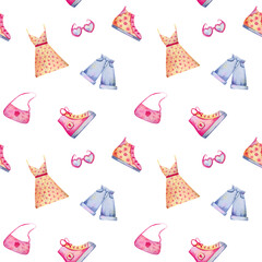 90s background. Seamless watercolor pattern with retro cloth. Cute yellow dress, jeans shorts, sunglasses, pink bag, sneakers for textile, wrapping paper