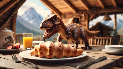 A croissant Tyrannosaurus Rex on a plate, a set breakfast table, background wooden hut blurred,...