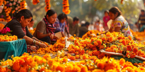 Women Selling Marigold Flowers at a Market in India