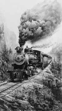 Vintage steam locomotive traversing a scenic mountain railway with dramatic smoke in a black and white setting.