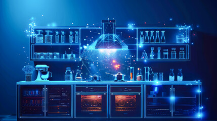 Bartender workplace with equipment and digital hologram. Vector illustration