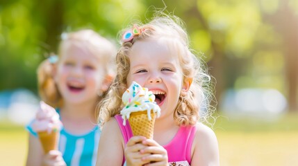 Two happy children enjoying colorful ice cream cones on a bright summer day in the park, smiling and laughing.