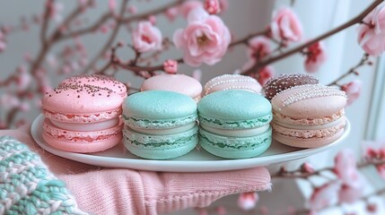 Fototapeta premium A white plate with macaroons sits atop a pink blanket and near a pink flower branch