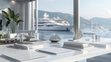 Seafaring Dreams Luxury Yacht Charter Office with Business Cards Model Yachts and Nautical Charts