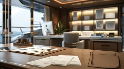 HighEnd Yacht Interior Design Studio Elegant Office with Custom Business Cards Fabric Swatches and 3D Models for Luxury Yachts
