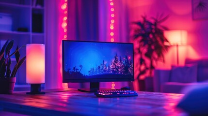 Gaming workstation desk with computer. Set up a game room
