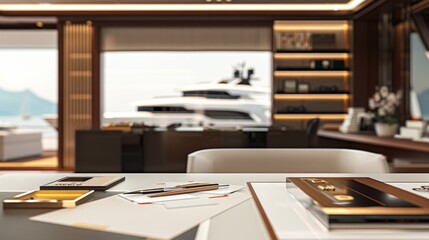 HighEnd Yacht Interior Design Studio Elegant Office with Custom Business Cards Fabric Swatches and 3D Models for Luxury Yachts