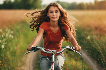 Fototapeta premium Teenage Girl Riding Bike on Country Road.