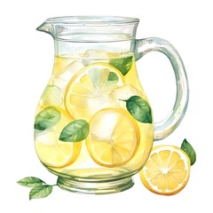 Refreshing Watercolor Lemonade Pitcher with Glass on White Background