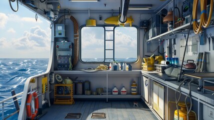 Exploring the Depths Marine Biologist's Research Vessel with Oceanographic Equipment Diving Gear and Blank Business Cards