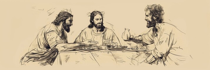 Obraz premium Biblical Illustration of Jesus' Meal with Tax Collectors and Sinners, Ideal for Banner,Christian banner