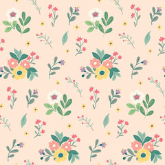 Seamless floral pattern, liberty ditsy print, abstract flower ornament in cute cartoon style. Pastel botanical design: small hand drawn flowers, leaves, simple bouquets on pink. Vector illustration.