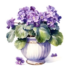 Vibrant Watercolor African Violet Blooming in Vase on White Background