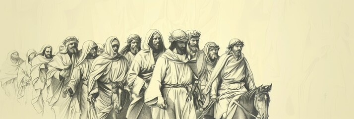 Biblical Illustration of Jesus' Triumphal Entry into Jerusalem, Ideal for Banner,Christian banner
