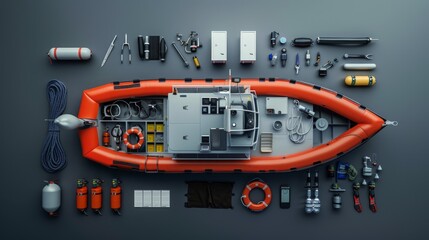 Fototapeta premium Exploring the Depths Marine Biologist's Research Vessel with Oceanographic Equipment Diving Gear and Blank Business Cards