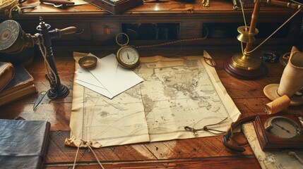 Nautical Navigation Essentials Marine Captain's Chart Table with Blank Business Cards Navigation Charts Sextant and Ship's Bell Adventure Awaits on the Open Seas