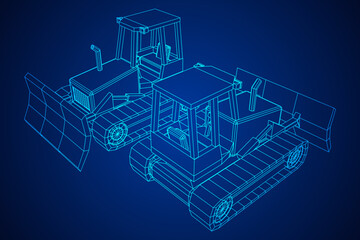 Big front-end loader bulldozer. Heavy equipment machine and manufacturing equipment for mining. Wireframe low poly mesh vector illustration.