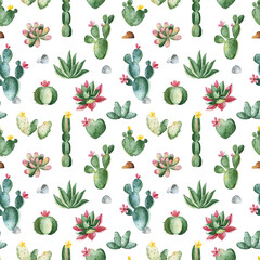 Watercolor cute seamless texture with succulents,cactus,flowers,stones and branches. Tropical collection.Perfect for your project, background,wallpapers,prints, textile etc