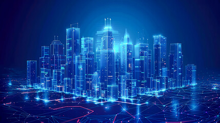 Futuristic city hologram on a blue background. Vector illustration.