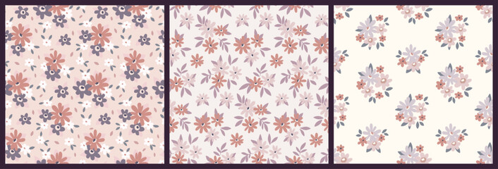 Seamless floral pattern, cute liberty ditsy print, abstract flower ornament. Pretty botanical design in pastel: small hand drawn daisy flowers, tiny leaves, mini simple bouquets. Vector illustration. © Yulya i Kot