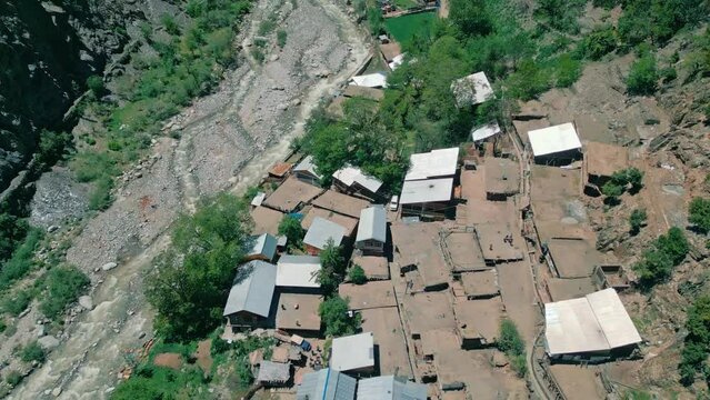 Aerial top down drone footage of Kalash Valley and Chilam Joshi Festival , Rumbur , Chitral, Pakistan