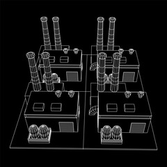 Industrial factory. Plant or Factory Building. Manufacturing building. Wireframe low poly mesh vector illustration.