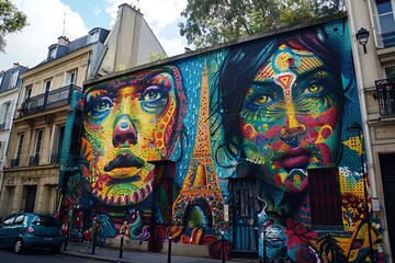 Fototapeta premium Street artists in Paris creating Olympicthemed murals, day, sketch, intricate details