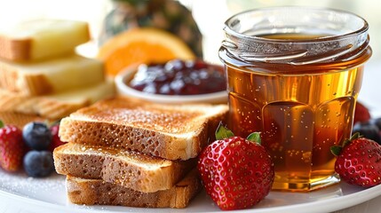   A plate of toasted slices sits beside a jar of honey and fruit atop a table