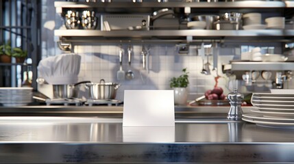 Culinary Excellence Professional Chef's Kitchen with Blank Business Cards Gourmet Dishes and Chef's Hat on Stainless Steel Countertop Restaurant and Cooking Concept