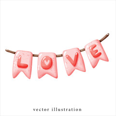 love on pink flag , illustration clipart for Valentines day