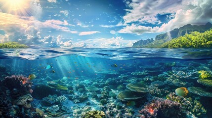 Sunlight breaks through the surface of the blue ocean, a sea with dark waters and a sandy bottom below. Air clouds, beautiful ripples of water.