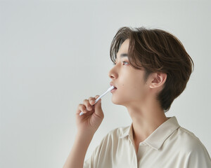 歯磨きをするアジア人、日本人男性　バストアップ