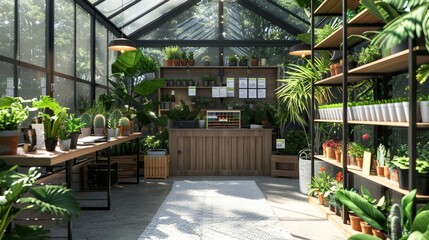 Fototapeta premium Greenhouse Oasis A Master Gardener's Haven with Business Cards Plants and Gardening Books