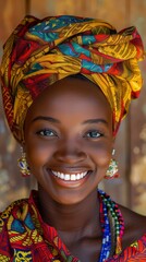 Fototapeta premium Radiant smile of a young African woman in traditional attire Generative AI image