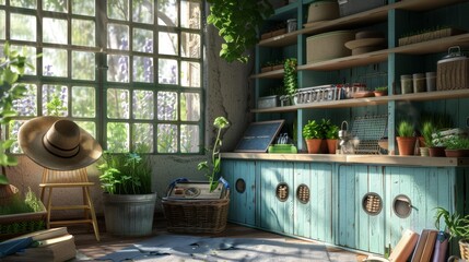 Obraz premium Serene Sanctuary Master Gardener's Retreat with Potting Shed Business Cards Seed Trays and Sun Hat Gardening Books for Inspiration and Relaxation
