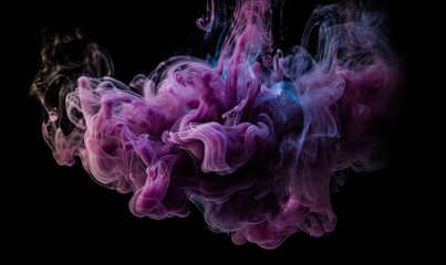 Generative AI illustration of abstract purple and violet fluffy pastel ink smoke cloud against black background