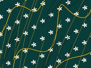 Floral summer print design. Little white flowers on dark green background. Fashionable trendy pattern illustration