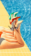 Female legs in colorful heels lying near swimming pool and sunbathing. Sea resort. Contemporary art...