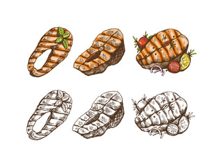 Hand-drawn colored and monochrome vector sketch of piece of barbecue salmon steak. Doodle vintage illustration. Decorations for the menu.