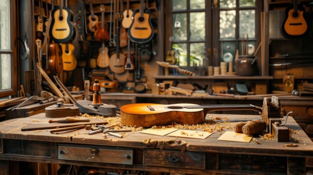 Artisan Luthier's Workbench Crafted Guitar Bodies Wood Shavings and Tools Handcrafted Music Instrument Workshop Scene