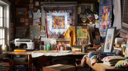 Fototapeta premium Quilt Maker's Haven Cozy Studio with Sewing Machine Colorful Fabric Patches and Blank Business Cards for Custom Creations