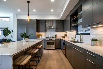 Elegant modern home kitchen renovation design featuring sleek countertops, minimalist cabinetry, and contemporary appliances in a spacious, stylish, and functional layout. 