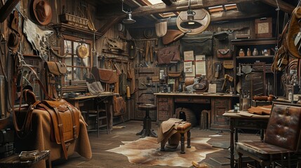 Artisan Craftsmanship Blank Business Cards Amidst Leather Hides Saddles and Equestrian Gear in Master Saddler's Workshop