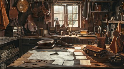 Artisan Craftsmanship Blank Business Cards Amidst Leather Hides Saddles and Equestrian Gear in Master Saddler's Workshop