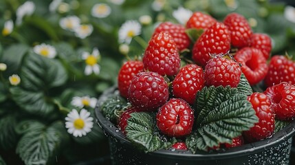  A bushel of raspberries surrounded by green leaves and daisies in the foreground and background