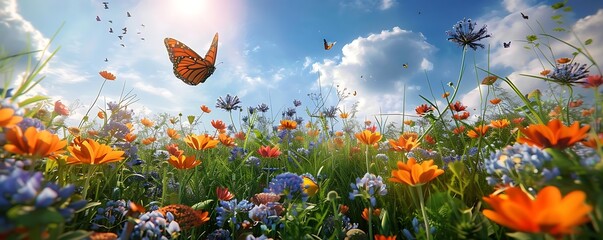 a colorful array of flowers, including orange, purple, blue, and orange - and - red blooms, surround a vibrant orange butterfly in a field under a blue sky with white clouds
