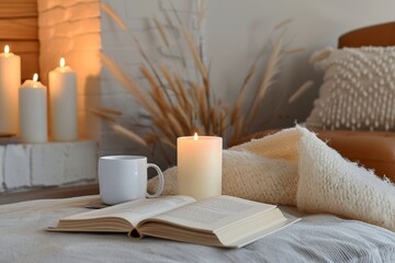cozy scandinavian home still life with burning candles, open books, cup of tea, soft dim lights and warm blankets. Slow life lifestyle.