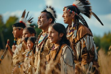 Fototapeta premium Indigenous people day. Iroquois Nation family portrait, smiling on sunny day on native land.
