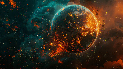 Surreal image of a burning planet against a deep space nebula backdrop